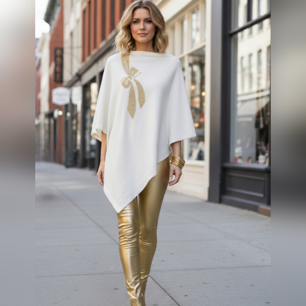 Elegant Cream Poncho with Gold Bow Accent